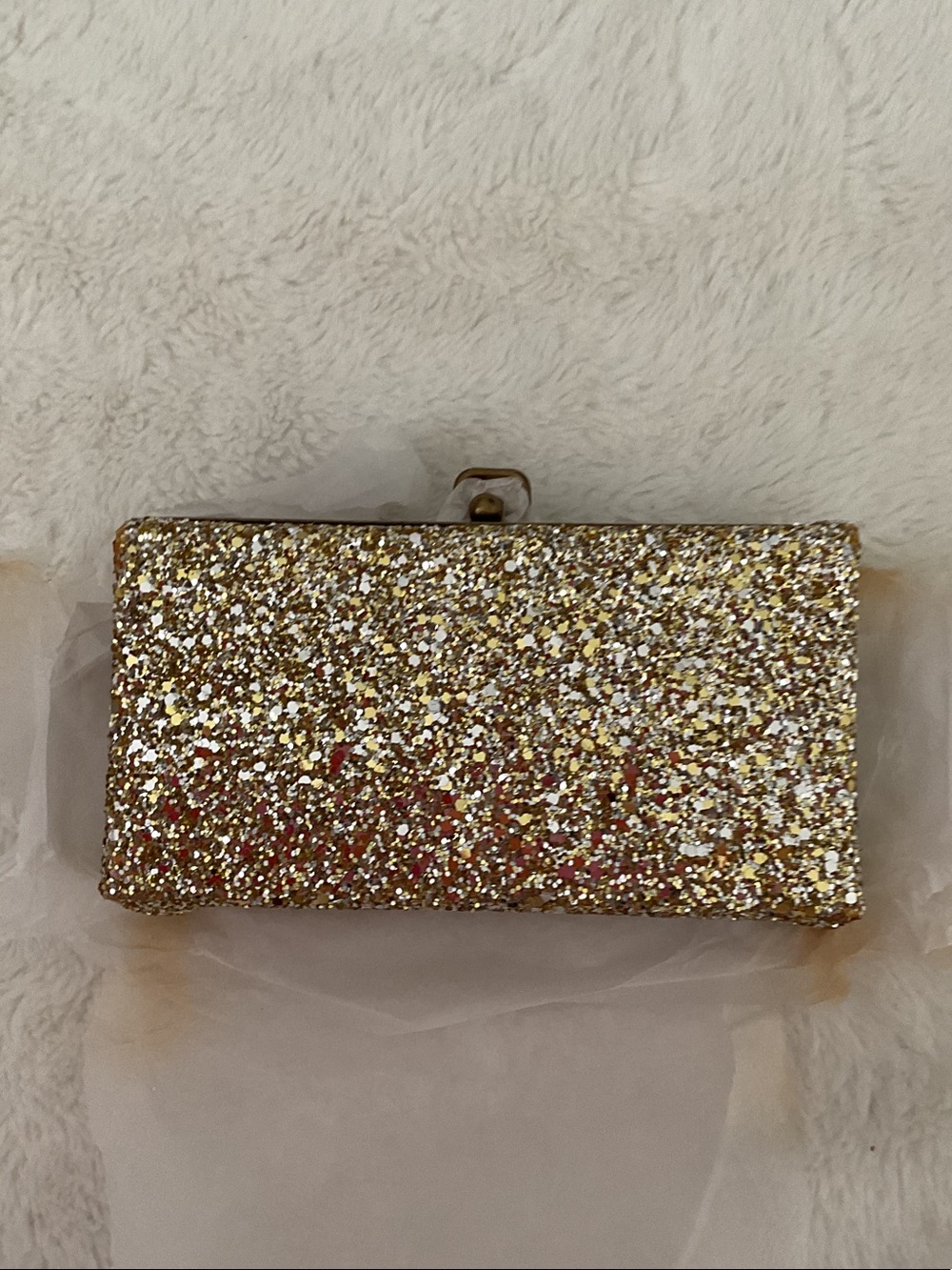 J. Crew Gold Glitter Rectangular Clutch rusted in corner from storage